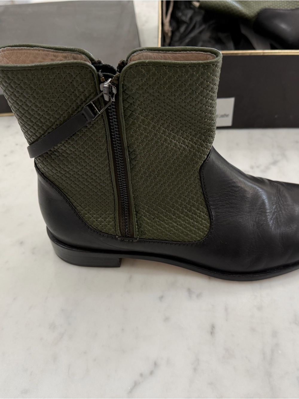 Matt Bernson Black Leather & Olive Green Quilted Zip Ankle Boots